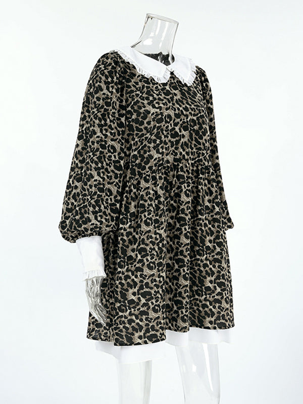 Puff Sleeves Contrast Color Falbala Leopard Split-joint Mini Dresses