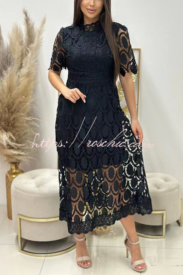 Crocheted Cutout Lace Short-sleeved Stand-collar Midi Dress