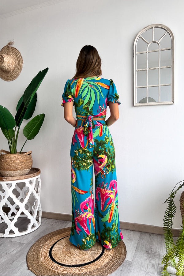 Print V Neck Short Sleeves Crop Top Elastic Waist Wide Leg Pants Set