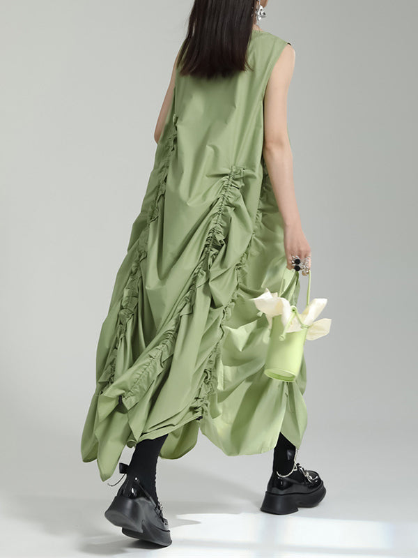 Irregular Clipping Loose Color Round-neck Midi Dresses