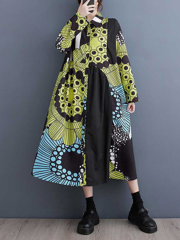A-line Long Sleeves Asymmetric Buttoned Printed Split-joint Lapel Midi Dresses Shirt Dress