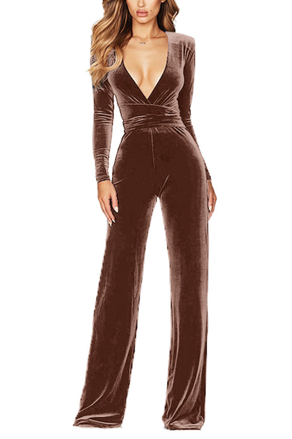 Color Velvet Deep V Belt Slim Jumpsuit