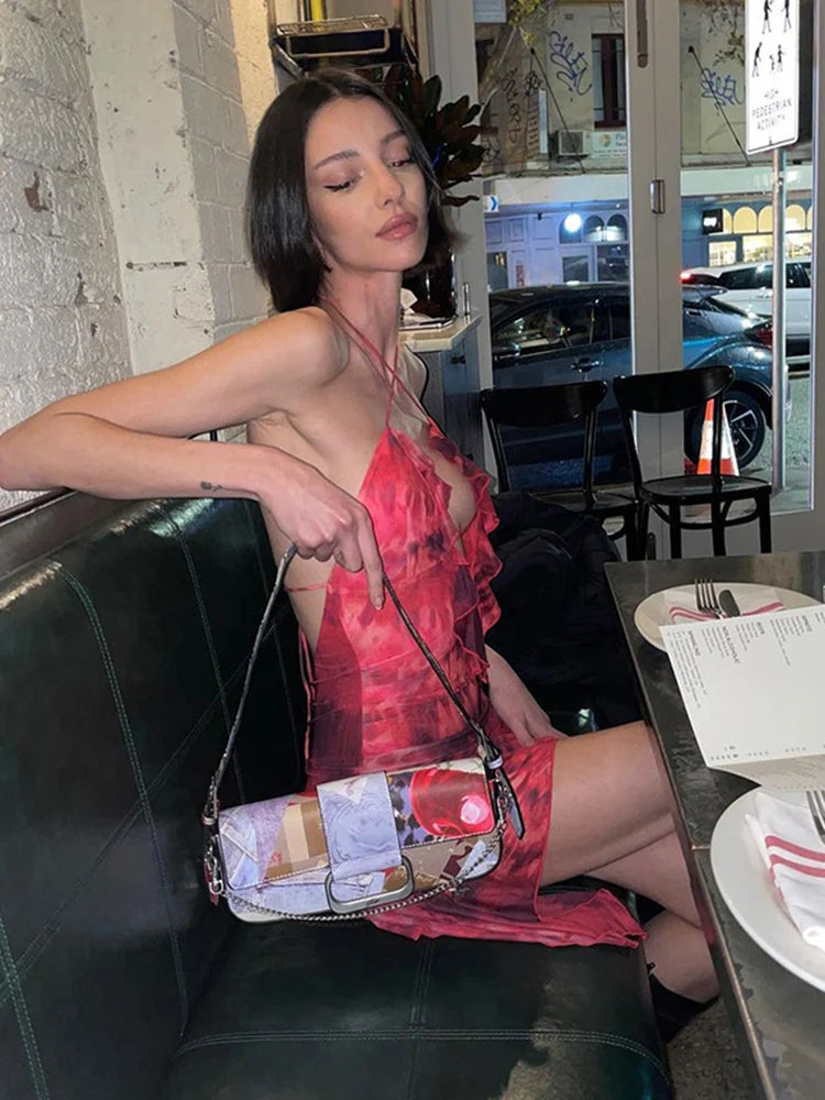 New Halter Neck Printed Dress for Hollow Backless Irregular Female Chiffon Folds Fungus Mini Dress