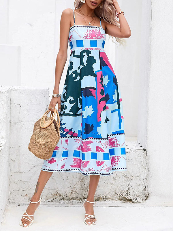 High Waisted Sleeveless Pleated Printed Split-joint Collarless Midi Dresses Slip Dress