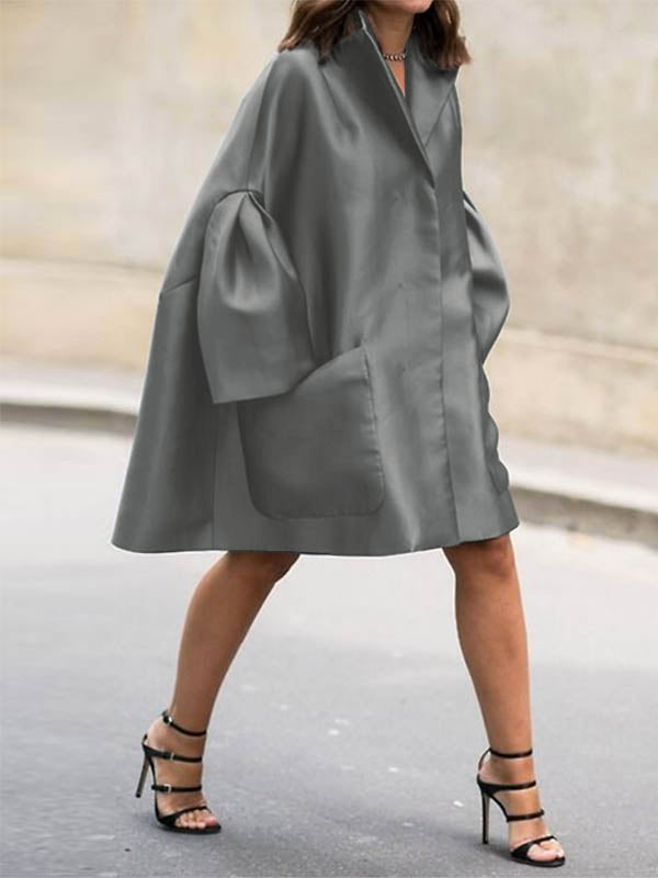 Flared Sleeves Long Sleeves Pockets Color Notched Collar Mini Dresses Shirt Dress