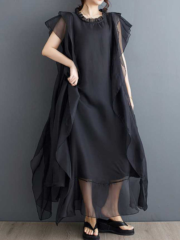 Loose Ruffle Sleeves Falbala Ruffled Color Round-neck Midi Dresses