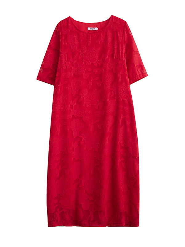 Loose Three-quarter Sleeves Jacquard See-through Color Round-neck Midi Dresses
