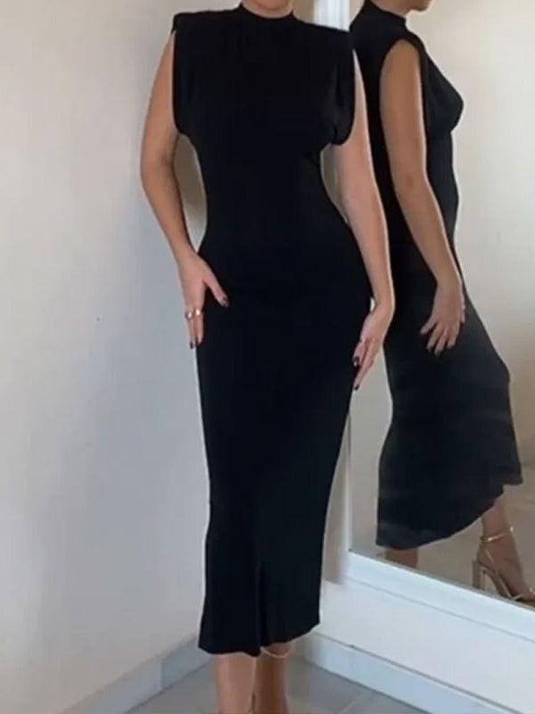 Skinny Color Zipper Mock Neck Midi Dresses