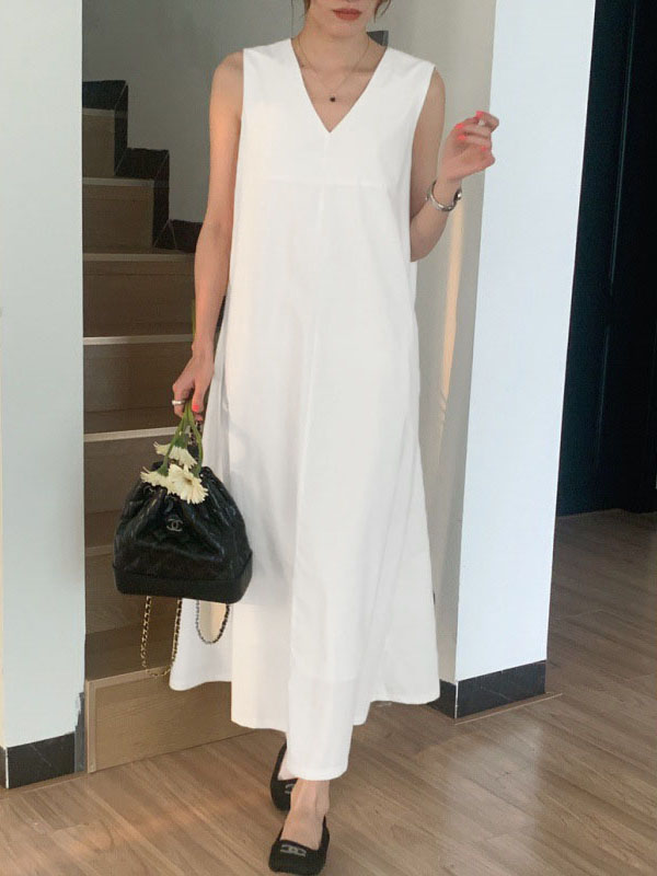 Loose Sleeveless Color V-neck Midi Dresses