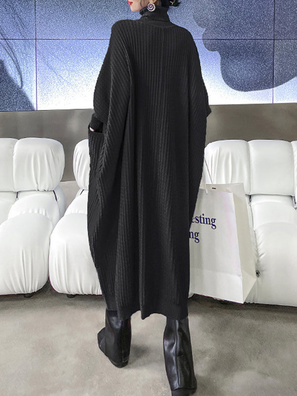 Batwing Sleeves High-low Pockets Color High-neck Midi Dresses Sweater Dresses
