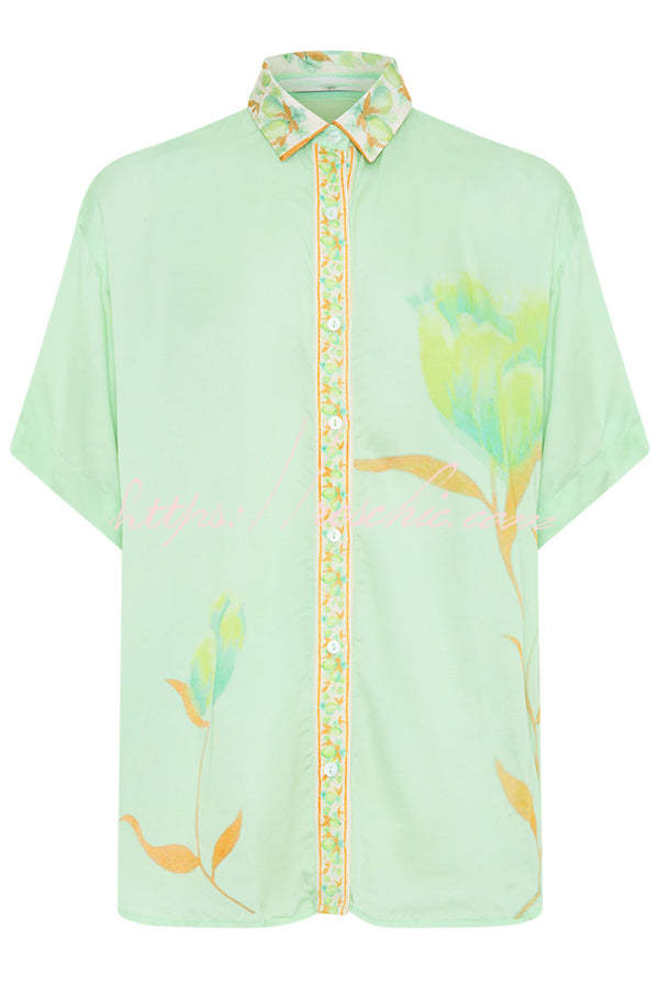 Niah Satin Tulip Print Lapel Short Sleeve Shirt and Elastic Waist Tie Pocket Wide Leg Pants Set