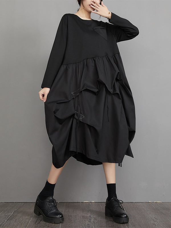 Long Sleeves Loose Split-joint Color Round-neck Midi Dresses