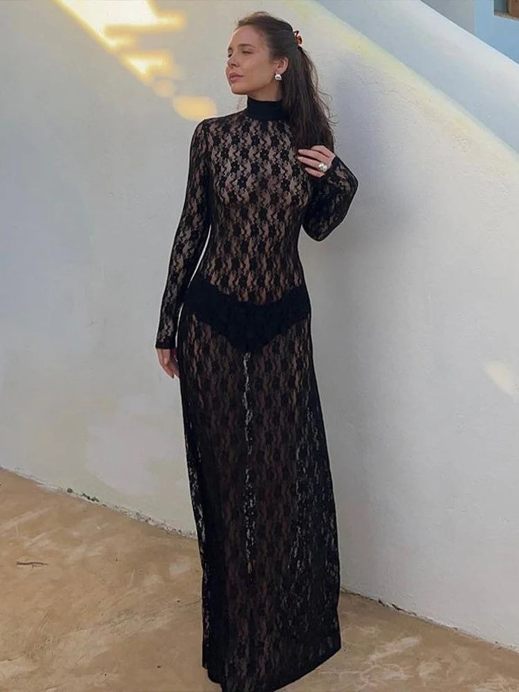 See-through Mesh Tight Maxi Dress Hollow Out Lace Mesh Patchwork Full Sleeve Banquent Long Dress