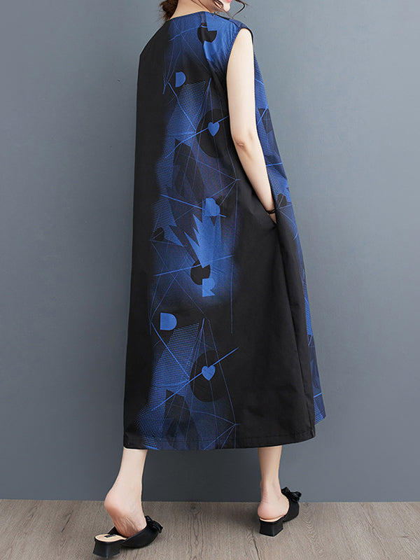 Loose Sleeveless Printed Round-neck Midi Dresses