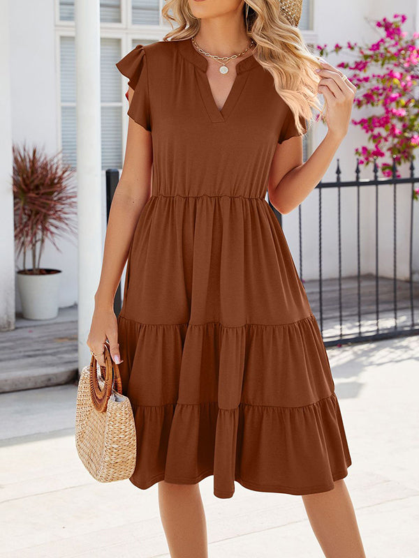 Loose Ruffle Sleeves Pleated Pockets Color Split-joint V-neck Midi Dresses