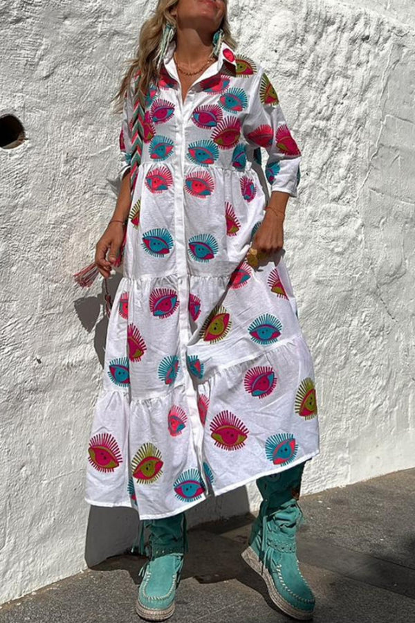 Take Me to Cabo Unique Print Button Loose Shirt Midi Dress