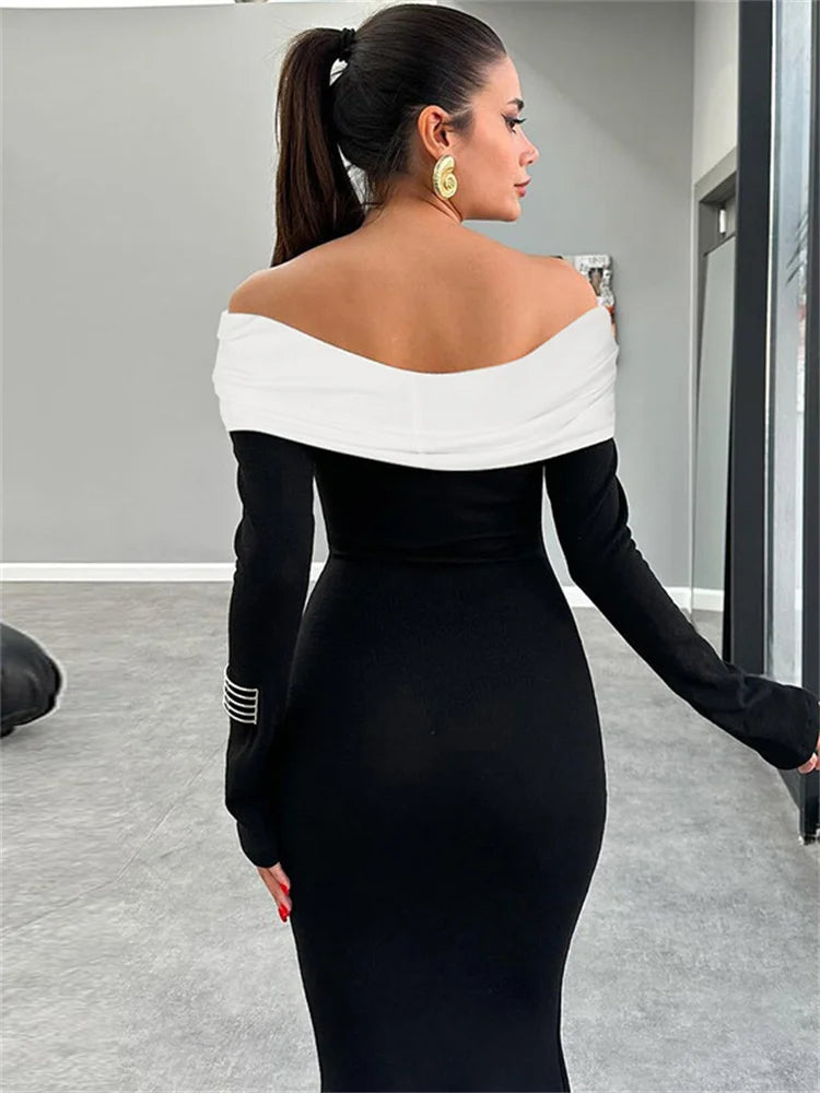 Contrast Slim Maxi Dress Female Off-shoulder Twist Long Sleeve Patchwork Dress Party Dress Clothes