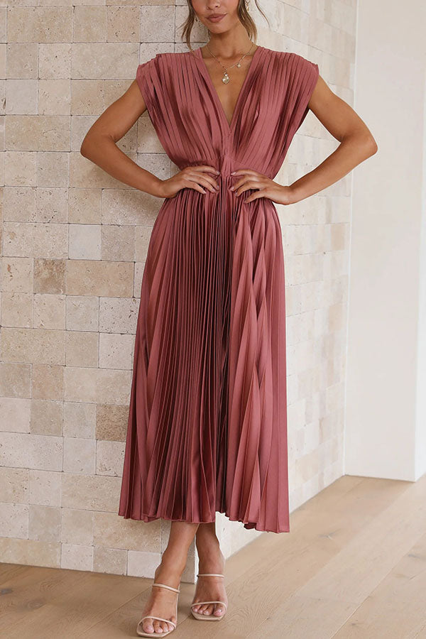Hello Satin Pleated Midi Dress