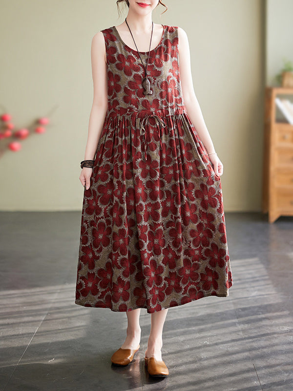 Loose Oversize Drawstring Printed Round-neck Midi Dresses