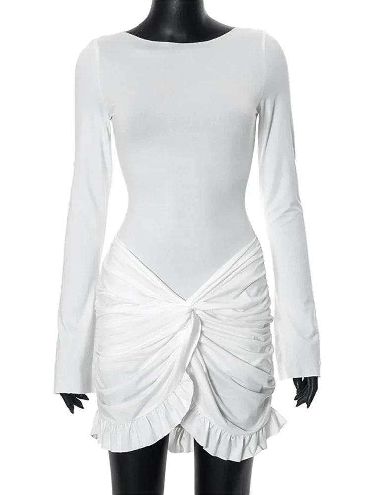 Ruffled Twist Skinny Mini Dress ’s Long Sleeve Patchwork High Waist Party Dress Female Y2k Bodycon Dress