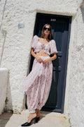 Pink White Puff Sleeve Top Lantern Pants Two Piece Set