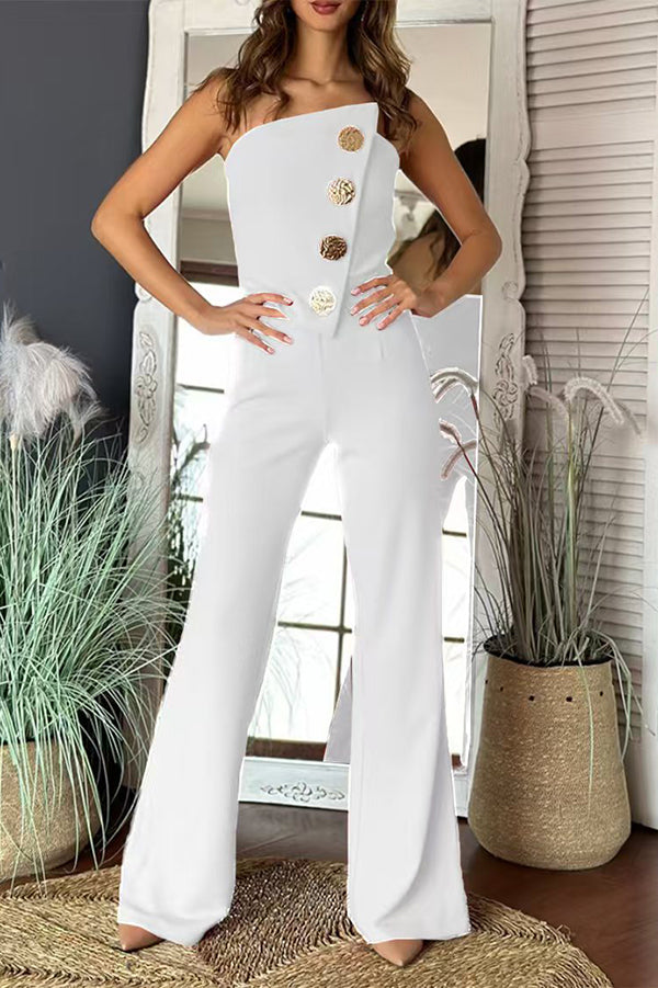 Color Tube Top Gold Button Embellished Bootcut Jumpsuit