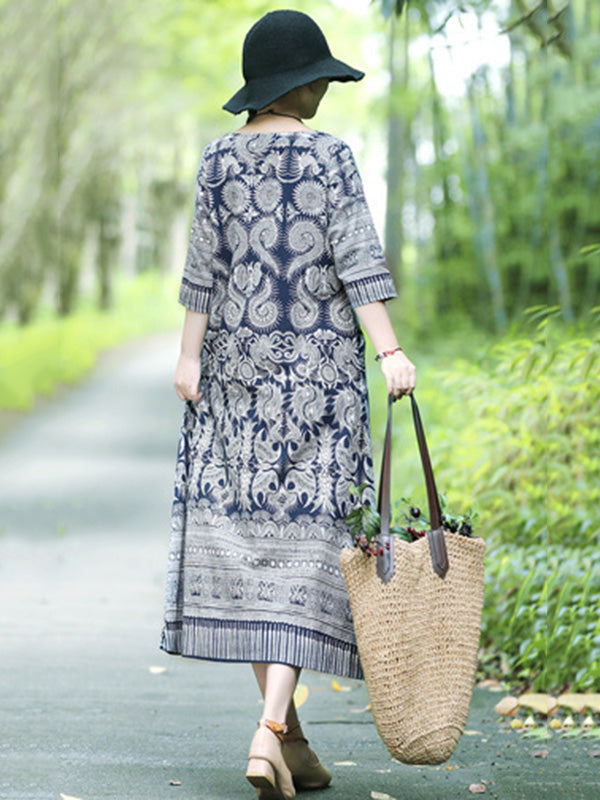 Cotton Blend Printing Midi Dresses