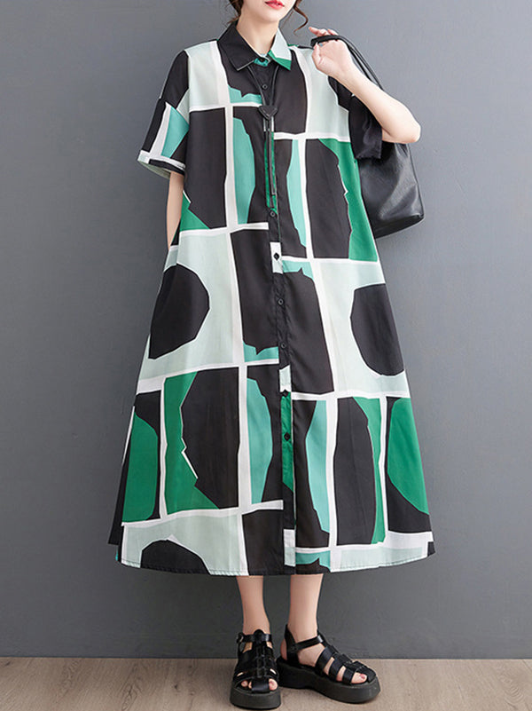 Loose Oversize Color-block Printed Lapel Midi Dresses Shirt Dress