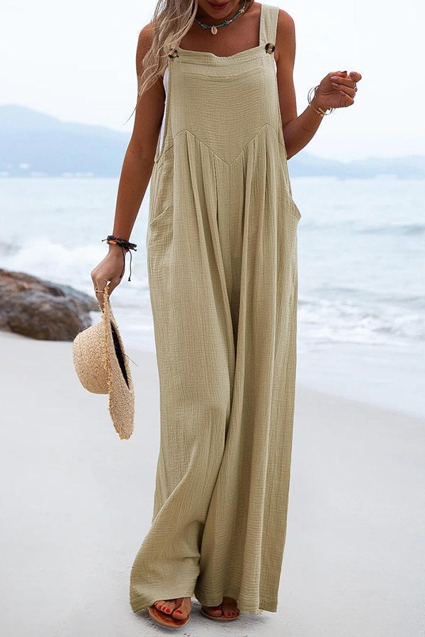 Button Suspender Wide Leg Line Jumpsuit
