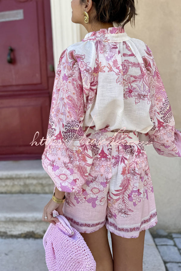 Botanical Print Palace Style Stand-up Collar Lantern Sleeve Loose Top and Shorts Set