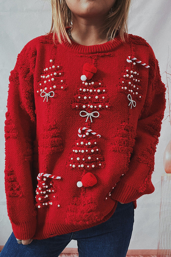 Handmade Pearl Christmas Theme Sweater Three-dimensional Decorative Sweater