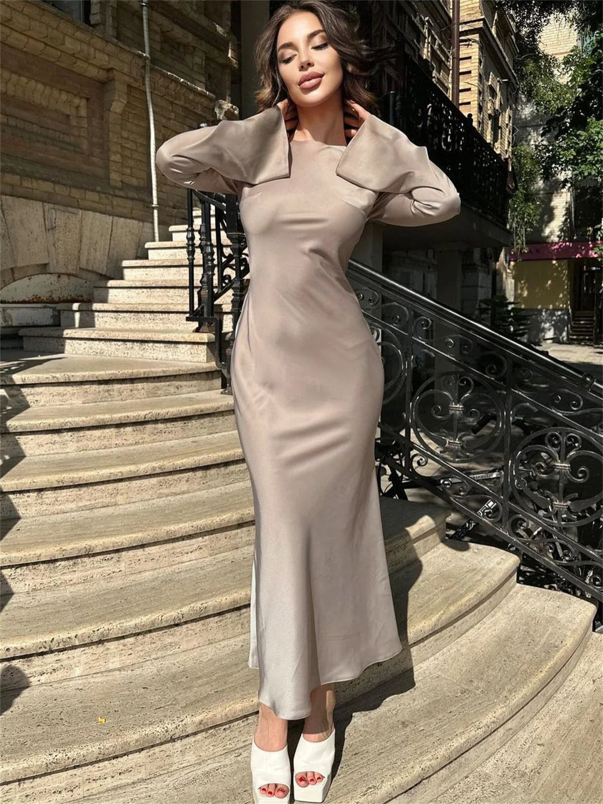 Stain Slim Maxi Dresses for Party Evening Dress ’s High Waist Femme Autumn Dress
