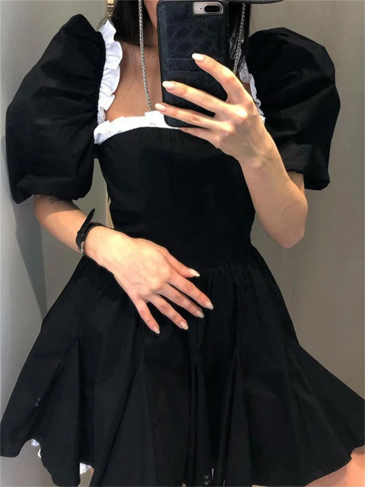 Female Contrast Patchwork Mini Dress Short Sleeve Slim High Street Holiday Dress Party Gown Ruffled Dress