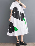 Loose Short Sleeves Buttoned Printed Lapel Collar Midi Dresses