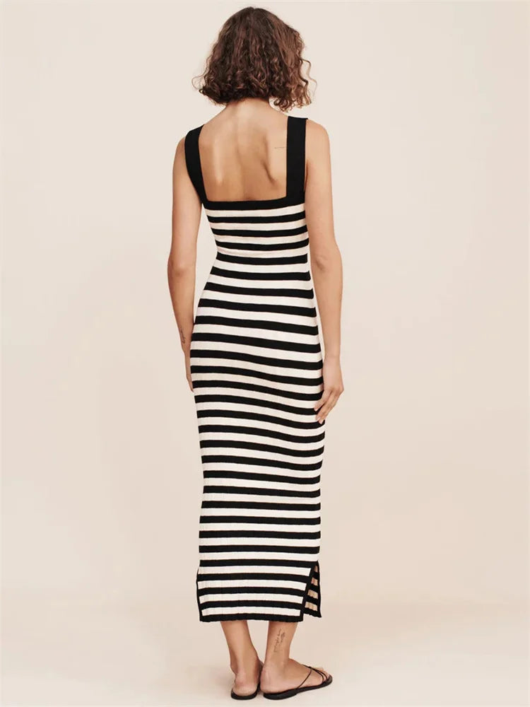 Striped High Waist Backless Maxi Dress Contrast Split Slim Off-shoulder Autumn Party Dress