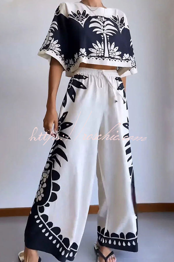Exotic Holiday Print Loose Top and Elastic Waist Wide Leg Pants Set
