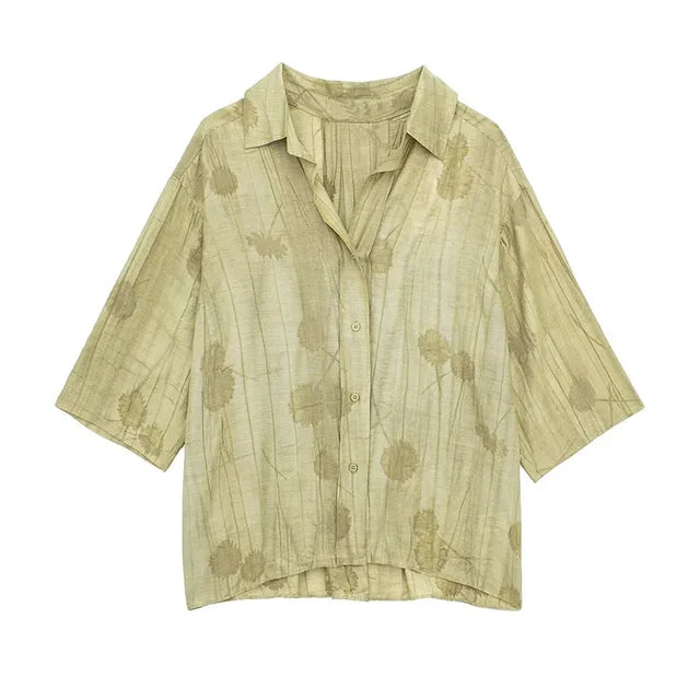 New Linen Tie-dye Print Long Pants Sets for Lapel Half Sleeve Single Breasted Shirts Drawstring Wide Leg Pant 2 Pieces Set