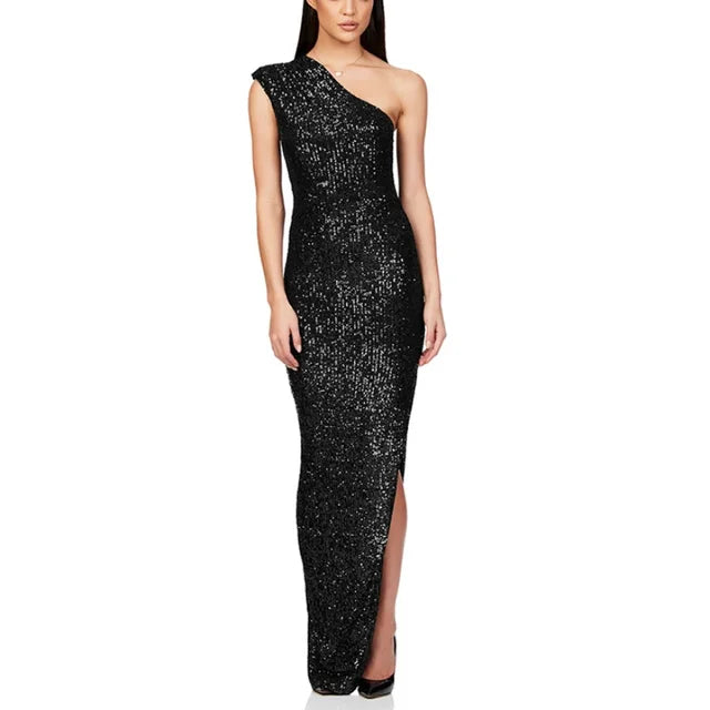One Shoulder High Waist Slit Evening Dress Sequin Sleeveless Party Dresses New Slim Long Dresses for