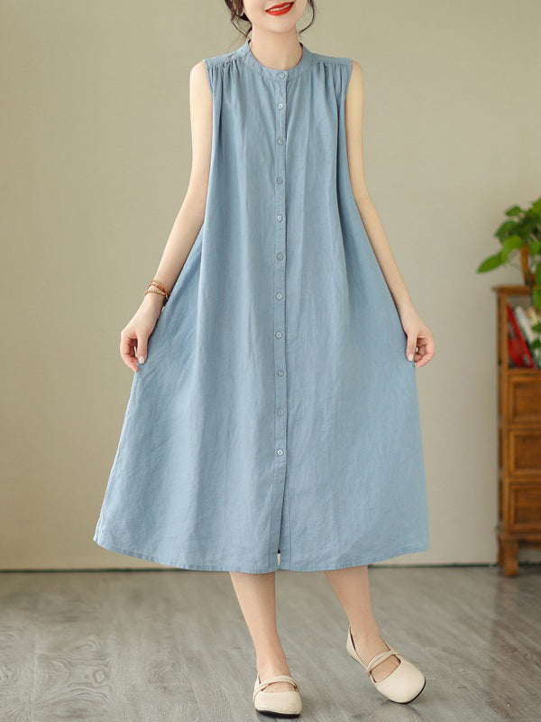 A-line Sleeveless Buttoned Pleated Color Round-neck Midi Dresses