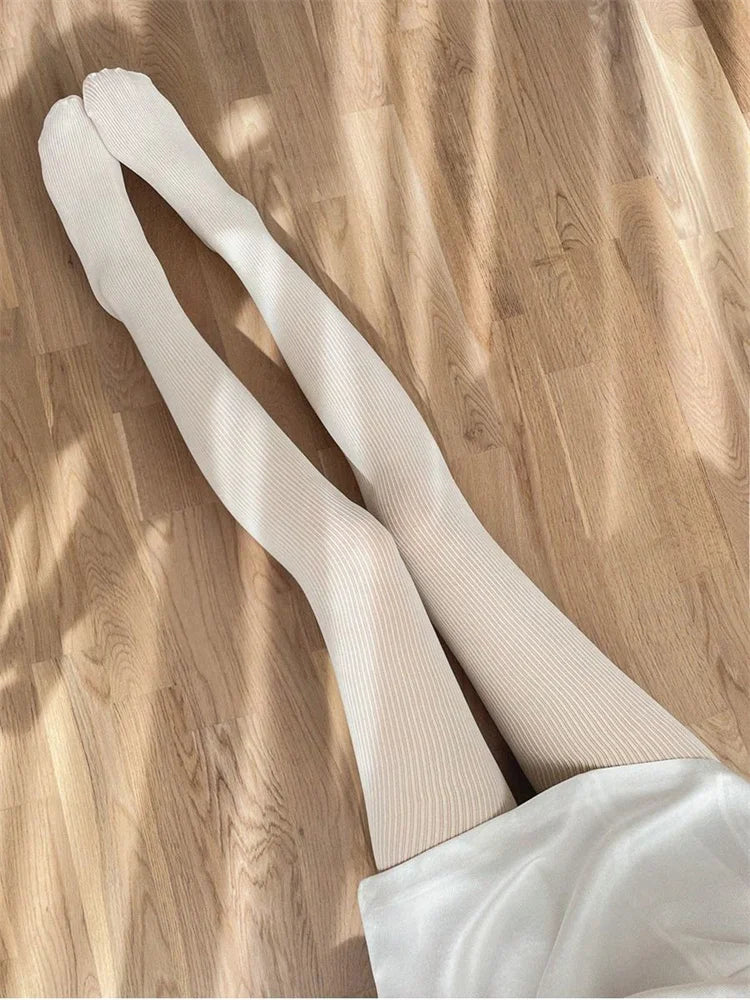 Knit Ribbed Pantyhose See-through Stockings Black Striped Lace Tights Skinny Leggings