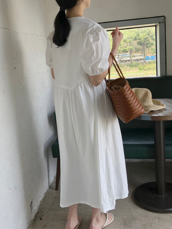 Original Loose Color Pleated Puff Sleeves Midi Dress