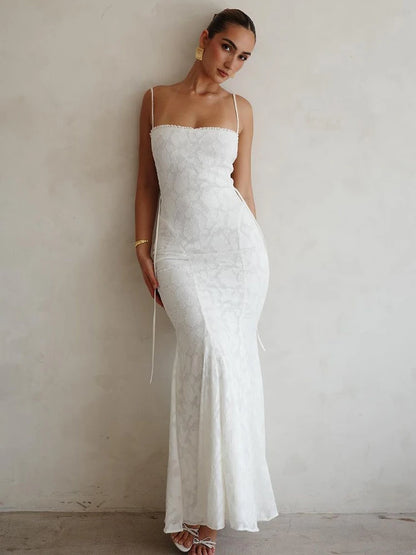 White Backless Lace-up Maxi Dress for Gown Summer New Spaghetti Strap Sleeveless Bodycon Party Long Dress