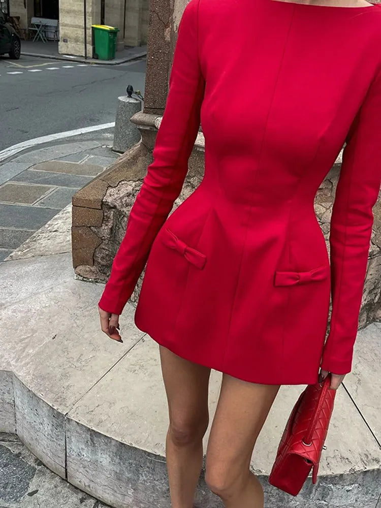 Red Double Bow Round Neck Mini Dress Long Sleeve Slim Fit High Waist A-line Vestidos New Autumn Gowns