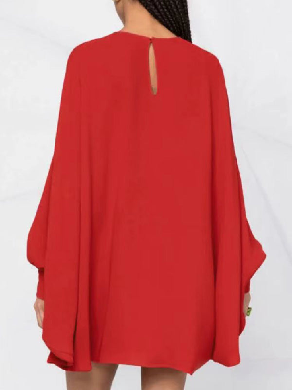Simple Long Batwing Sleeves Color Round-neck Mini Dresses