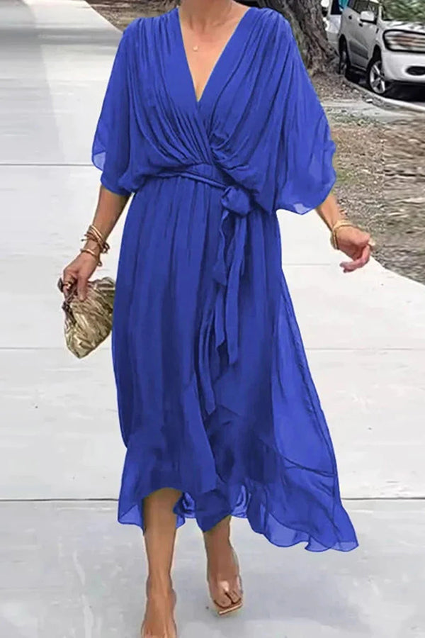 Color V-neck Bat Sleeve Lace-up Irregular Hem Midi Dress