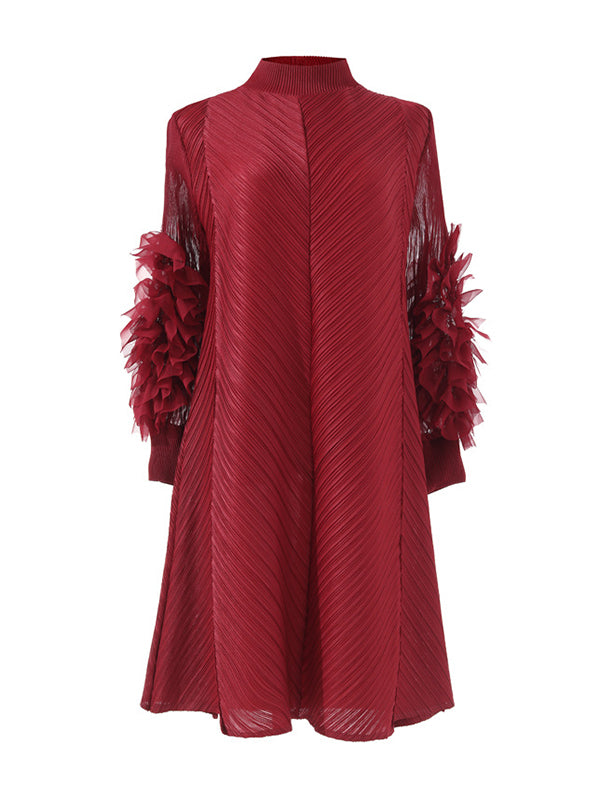 Long Sleeves Loose Embroidered Pleated Color Round-neck Midi Dresses