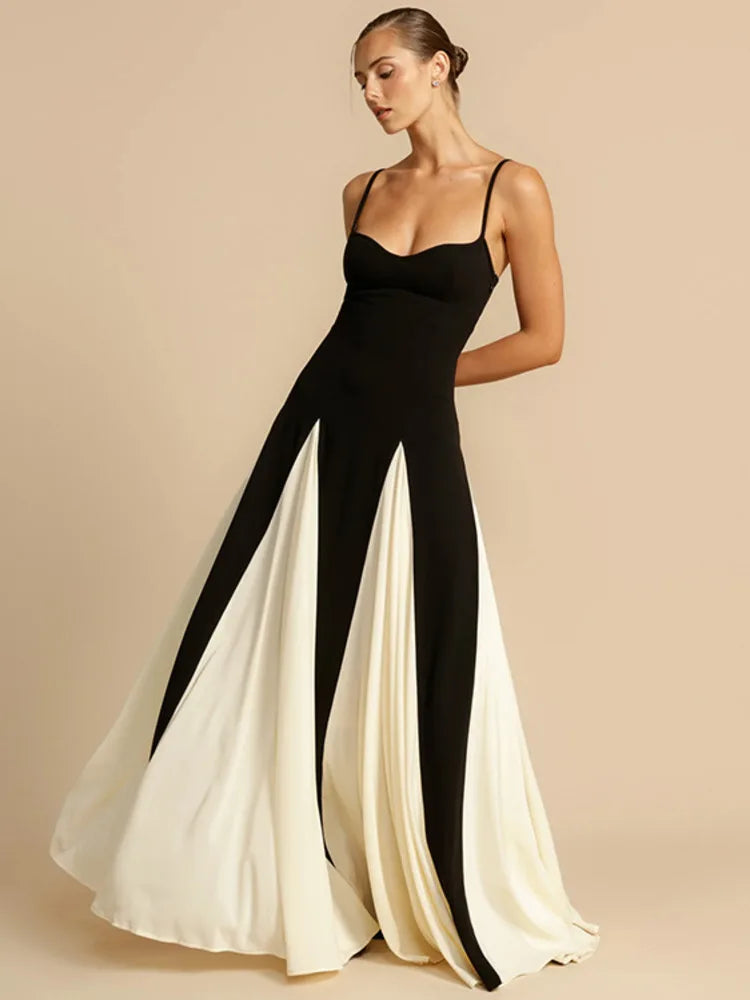 Patchwork Spaghetti Strap Long Dress for Sleeveless Backless Evening Maxi Dress