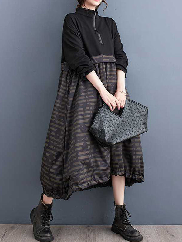 Long Sleeves Loose Drawstring Printed Split-joint Zipper Midi Dresses