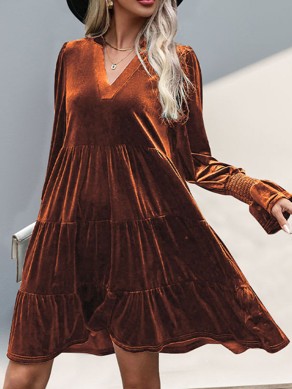 A-line Long Sleeves Pleated Color Velvet V-neck Mini Dresses