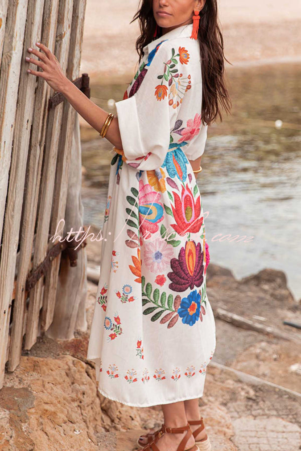 Plant Print Lapel Short Sleeve Waist Tie Loose Vacation Midi Dress